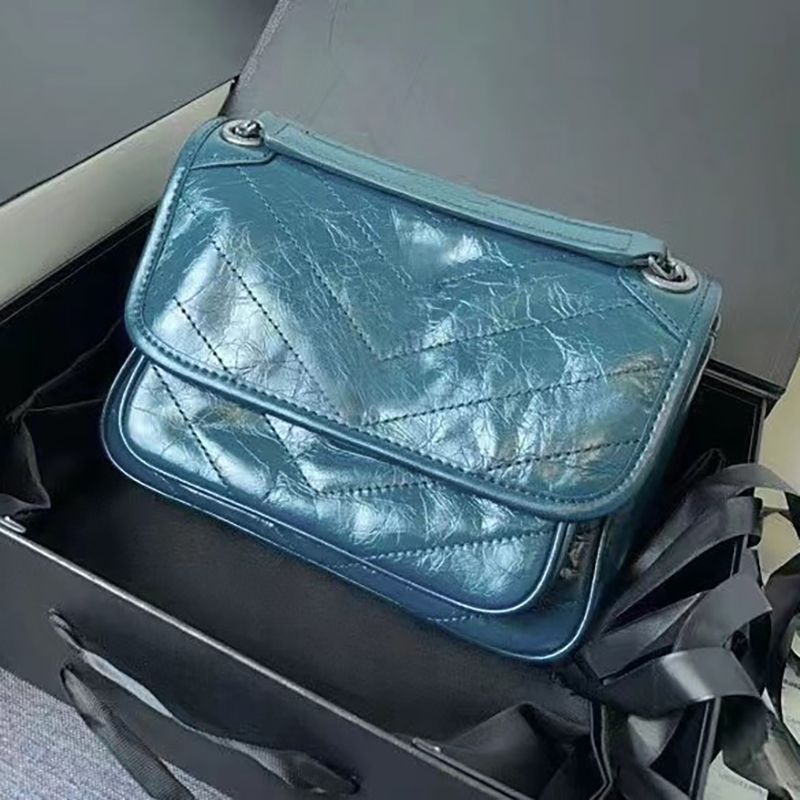Handbag luxury designer niki shoulder bag waxy leather messenger bags women cross body bag Satchel lady vintage design sacoche fashion classic Stripes Turquoise - 7 of 8