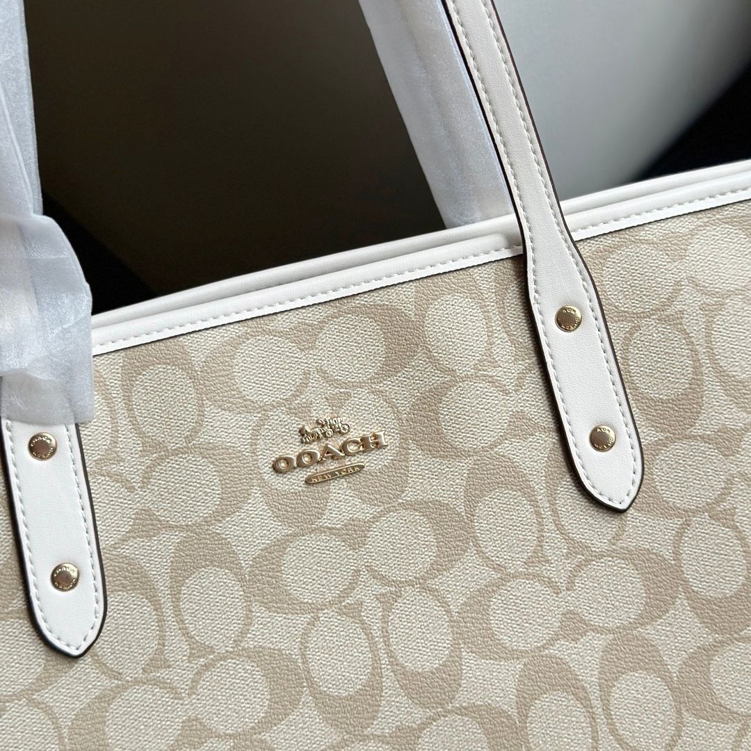 Women's Beige Classic Signature Tote Bag Top Handle Large Capacity White Trim Gold Hardware Zipper Closure Casual Handbag For Work Commute Shopping Travel - 9 of 9