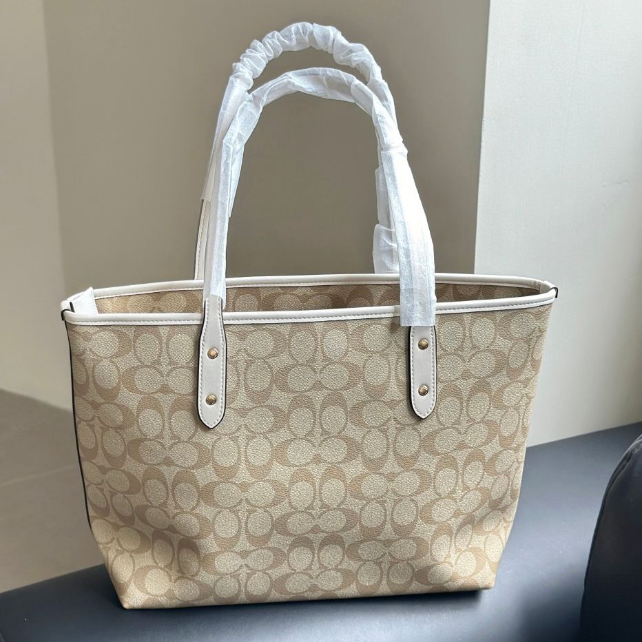 Women's Beige Classic Signature Tote Bag Top Handle Large Capacity White Trim Gold Hardware Zipper Closure Casual Handbag For Work Commute Shopping Travel - 6 of 9