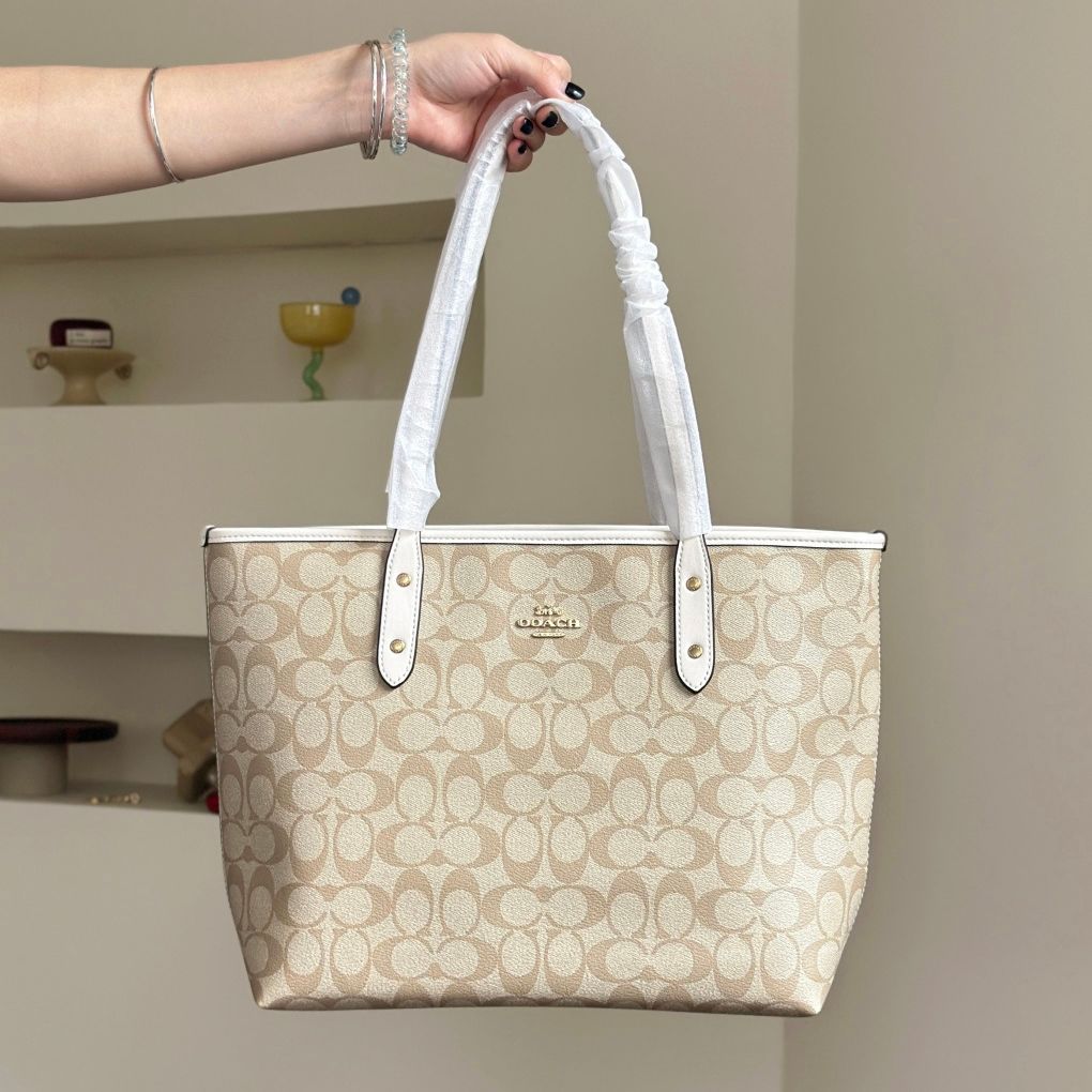 Women's Beige Classic Signature Tote Bag Top Handle Large Capacity White Trim Gold Hardware Zipper Closure Casual Handbag For Work Commute Shopping Travel - 3 of 9