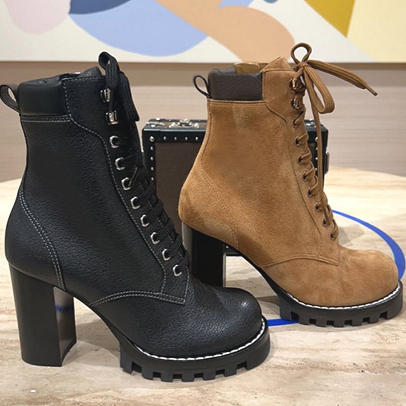 High Quality Designer Star Trail Ankle Boots Women Suede Calf Leather Platform Block Heel Lace Up Zipper Winter Combat Booties Daily Outdoor Shoes 1178 - 3 of 8