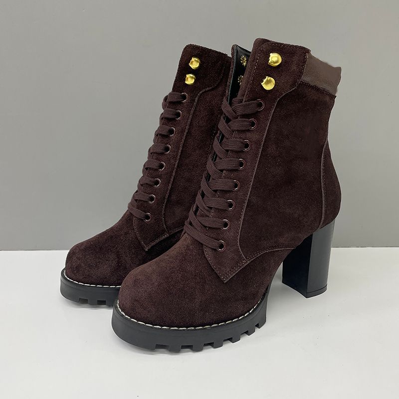 2026 Luxury Star Trail Ankle Boots Premium Women's Suede Calf Leather High-Heel Boot Camel Brown Chunky Block Heels Trendy Winter Footwear 1178 - 3 of 8