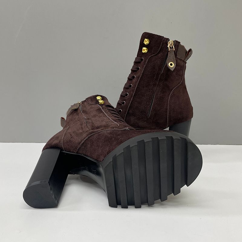 2026 Luxury Star Trail Ankle Boots Premium Women's Suede Calf Leather High-Heel Boot Camel Brown Chunky Block Heels Trendy Winter Footwear 1178 - 5 of 8