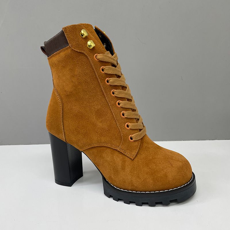 2026 Luxury Star Trail Ankle Boots Premium Women's Suede Calf Leather High-Heel Boot Camel Brown Chunky Block Heels Trendy Winter Footwear 1178 - 4 of 8