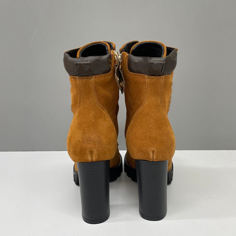 2026 Luxury Star Trail Ankle Boots Premium Women's Suede Calf Leather High-Heel Boot Camel Brown Chunky Block Heels Trendy Winter Footwear 1178 - 6 of 8