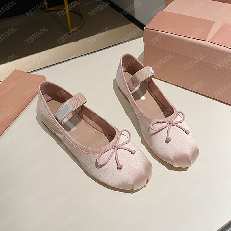 Fashion Girls Pink Satin Ballet Flats Ballerinas Luxury Bow Silk Mary Janes Leather Mules Round-toe Dress Shoes 1062 - 2 of 8
