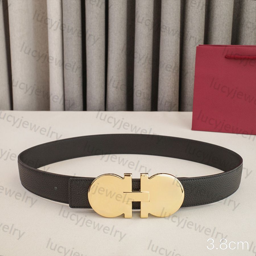 Mens Woman Belt Luxury Genuine Leather Belts Golden Silver Smooth Buckle 3.5cm 3.8cm Width Man Woman Waistband Lychee Texture 16 Model Optional Waist Girdle - 4 of 8