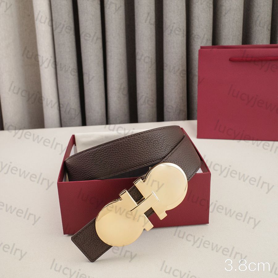 Mens Woman Belt Luxury Genuine Leather Belts Golden Silver Smooth Buckle 3.5cm 3.8cm Width Man Woman Waistband Lychee Texture 16 Model Optional Waist Girdle - 5 of 8