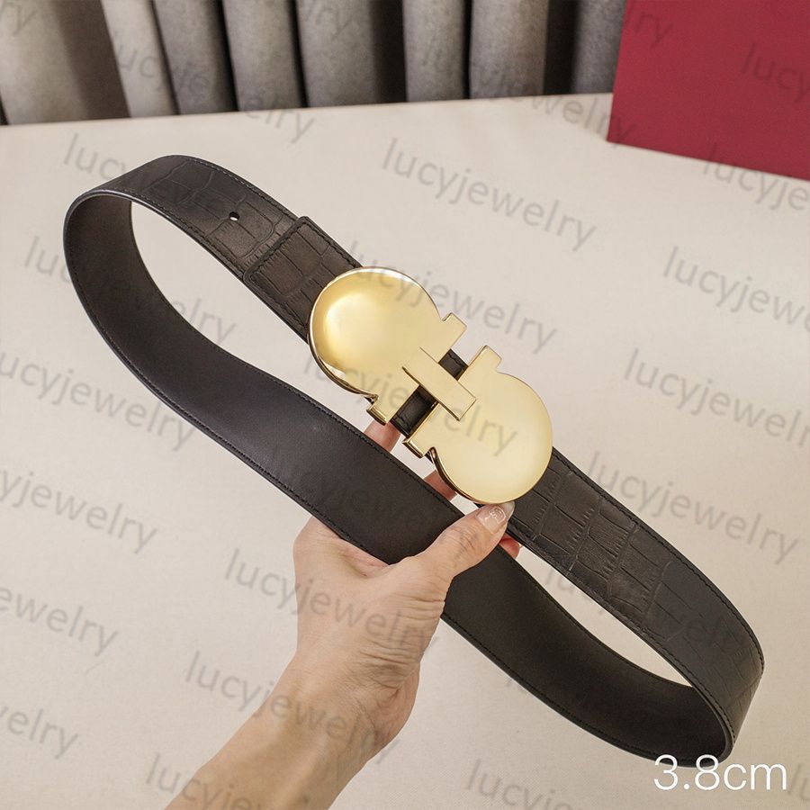 Mens Woman Belt Luxury Genuine Leather Belts Golden Silver Smooth Buckle 3.5cm 3.8cm Width Man Woman Waistband Lychee Texture 16 Model Optional Waist Girdle - 7 of 8