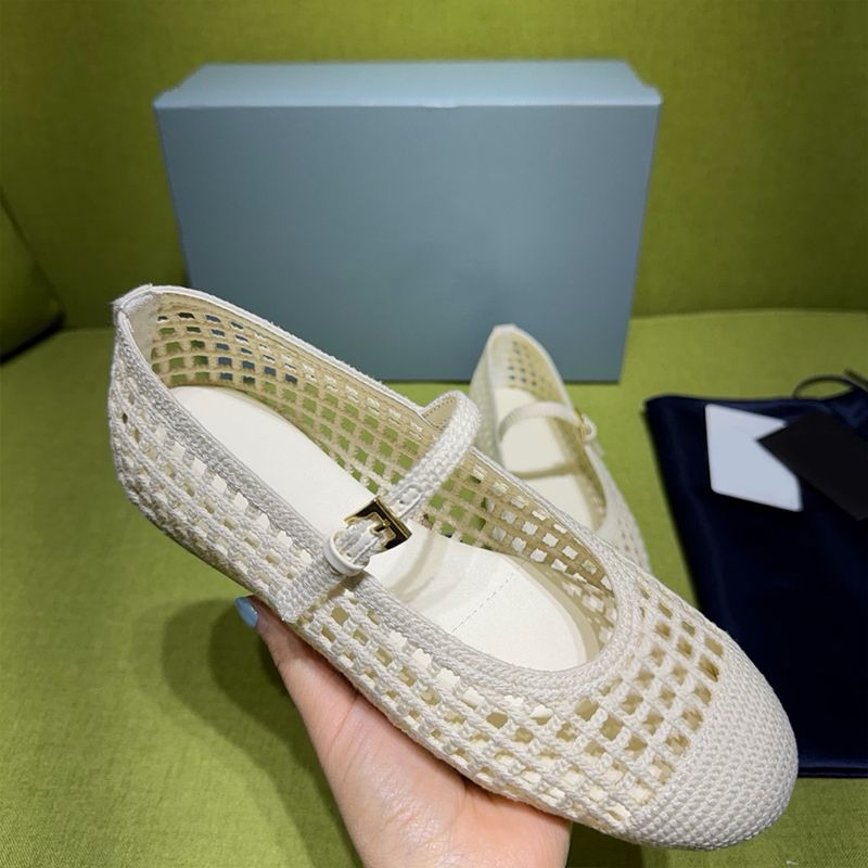2026 Designer Crochet Knit Hollow Out Ballerina Flats Women Woven Mesh Mary Jane Shoes Triangle Breathable Adjustable Ankle Strap Casual Flat Pumps 1138 - 5 of 8