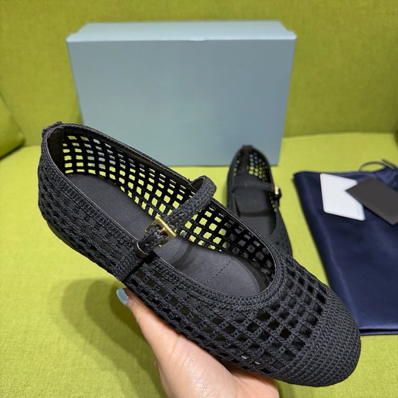 2026 Designer Crochet Knit Hollow Out Ballerina Flats Women Woven Mesh Mary Jane Shoes Triangle Breathable Adjustable Ankle Strap Casual Flat Pumps 1138 - 6 of 8