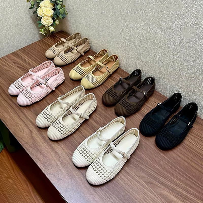 2026 Designer Crochet Knit Hollow Out Ballerina Flats Women Woven Mesh Mary Jane Shoes Triangle Breathable Adjustable Ankle Strap Casual Flat Pumps 1138 - 2 of 8