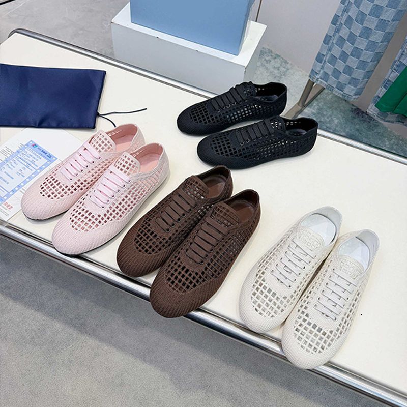 High Quality Crochet Ballet Flats Women Designer Knit Shoes Ladies Hollow Out Woven Mesh Flat Sandals Square Toe Metal Triangle Mary Jane Walking Shoes 1138 - 3 of 8