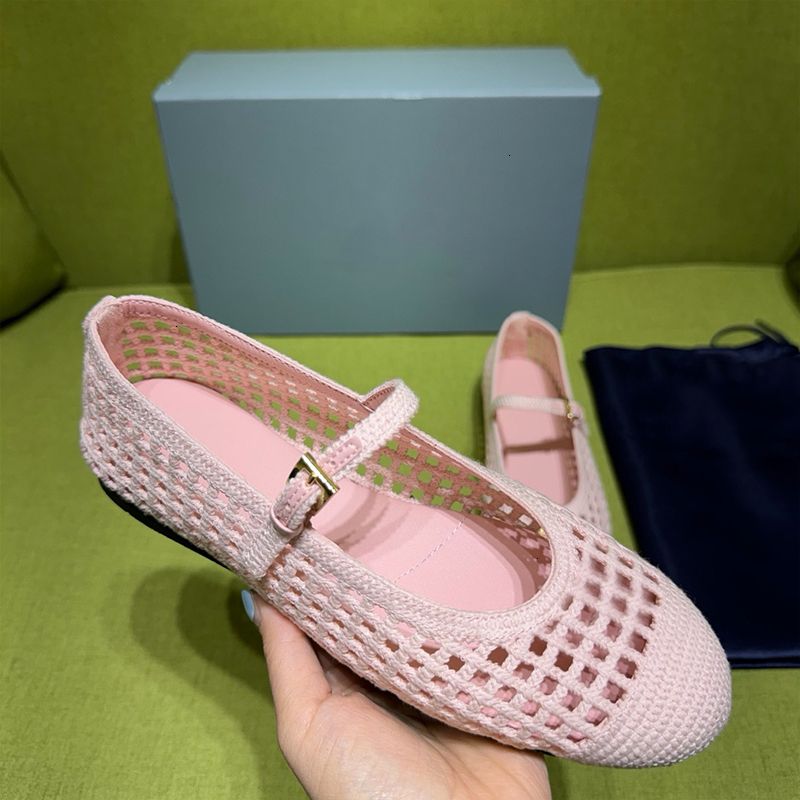 High Quality Crochet Ballet Flats Women Designer Knit Shoes Ladies Hollow Out Woven Mesh Flat Sandals Square Toe Metal Triangle Mary Jane Walking Shoes 1138 - 6 of 8