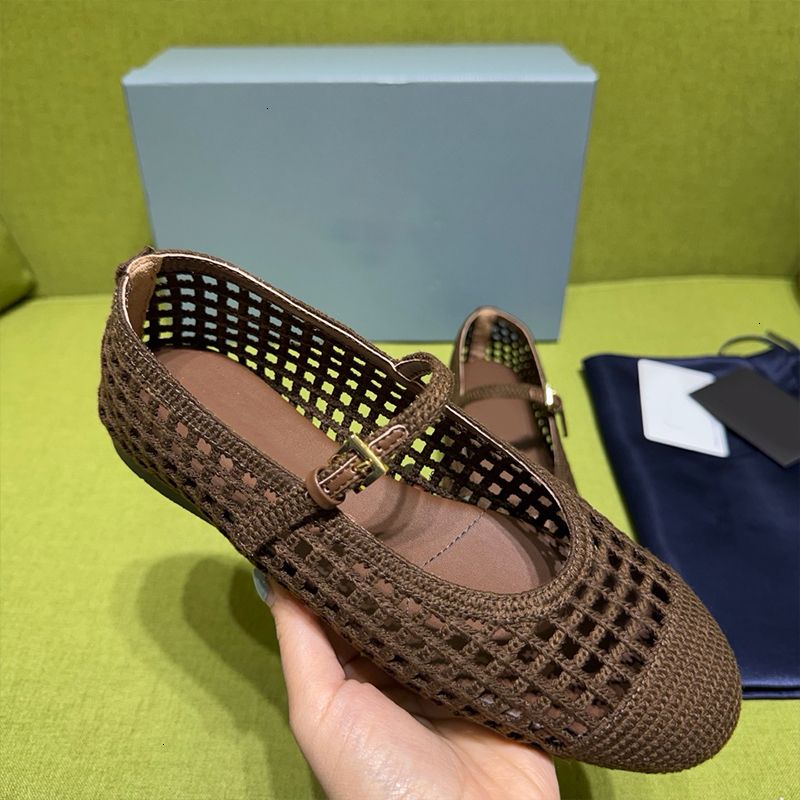 High Quality Crochet Ballet Flats Women Designer Knit Shoes Ladies Hollow Out Woven Mesh Flat Sandals Square Toe Metal Triangle Mary Jane Walking Shoes 1138 - 1 of 8