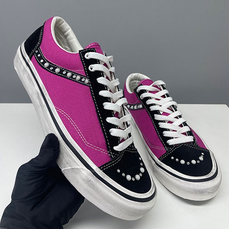Designer Men Women Vintage Distressed Canvas Trainers Luxury Pearl Side Stripe Sneakers Multi Material Spliced Lace Up Walking Shoes 1083 - 8 of 9