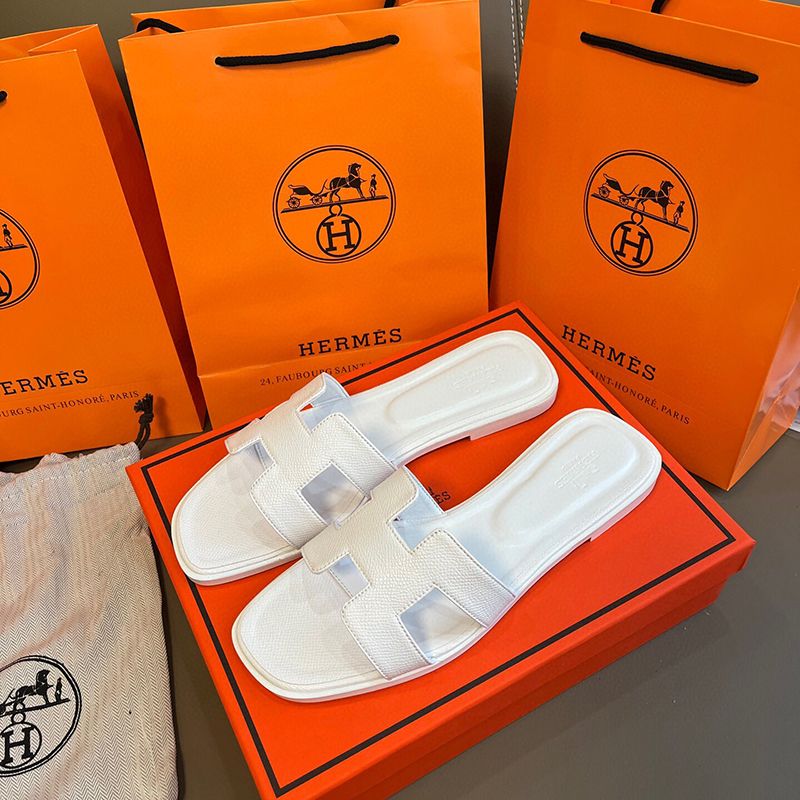 Hermes oran sandals free shipping with box claquette slippers for women designer white pink brown black red luxury flat sandals leather outdoor beach flip flops - 2 of 8