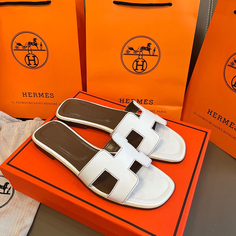 Hermes oran sandals free shipping with box claquette slippers for women designer white pink brown black red luxury flat sandals leather outdoor beach flip flops - 3 of 8