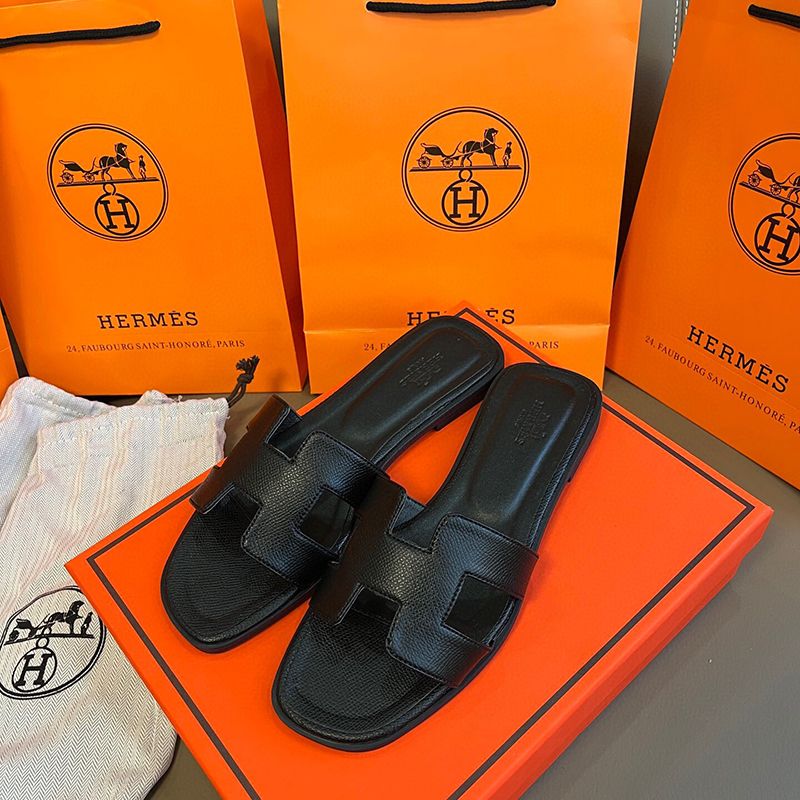 Hermes oran sandals free shipping with box claquette slippers for women designer white pink brown black red luxury flat sandals leather outdoor beach flip flops - 4 of 8