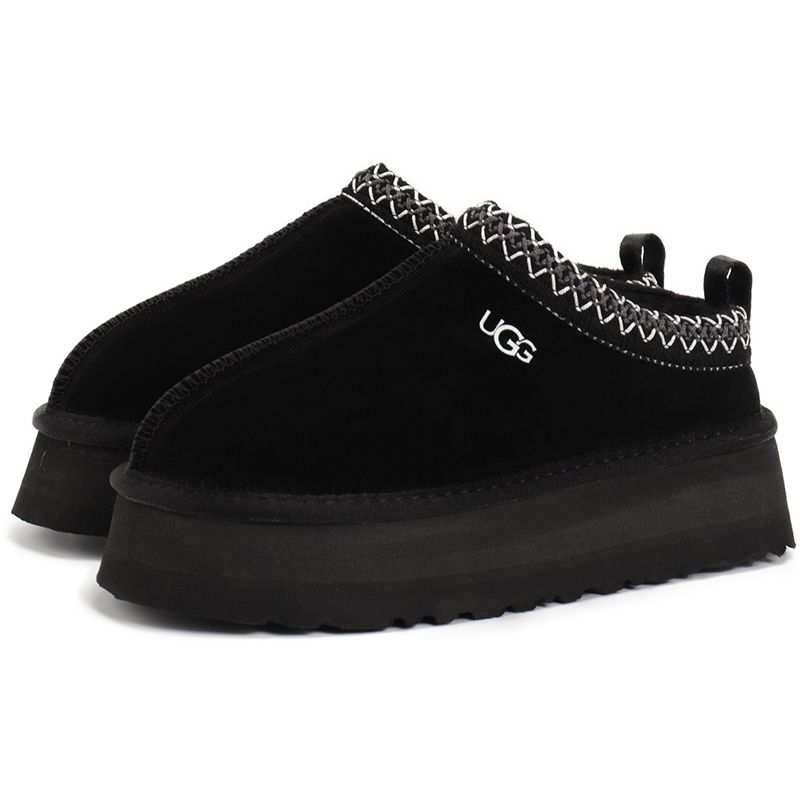 UGG Women's Tazz Platform Slippers Suede Curly Shearling Tribal Stitch Trim Slip On Warm Fur Lined Indoor Outdoor Winter Mule Slides Multiple colors - 4 of 8