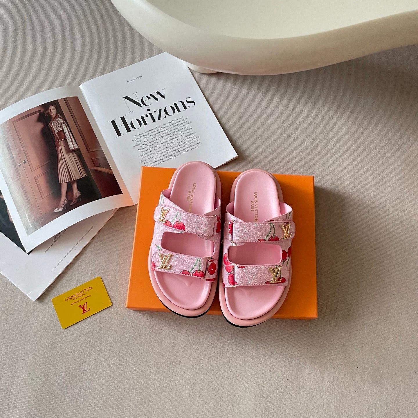 LV x TM Pool Pillow Flat Mule Cherry Print Platform Slide Sandals Women Adjustable Double Strap Metal Thick Sole Casual Outdoor Beach Couple Slippers Multiple colors - 6 of 6