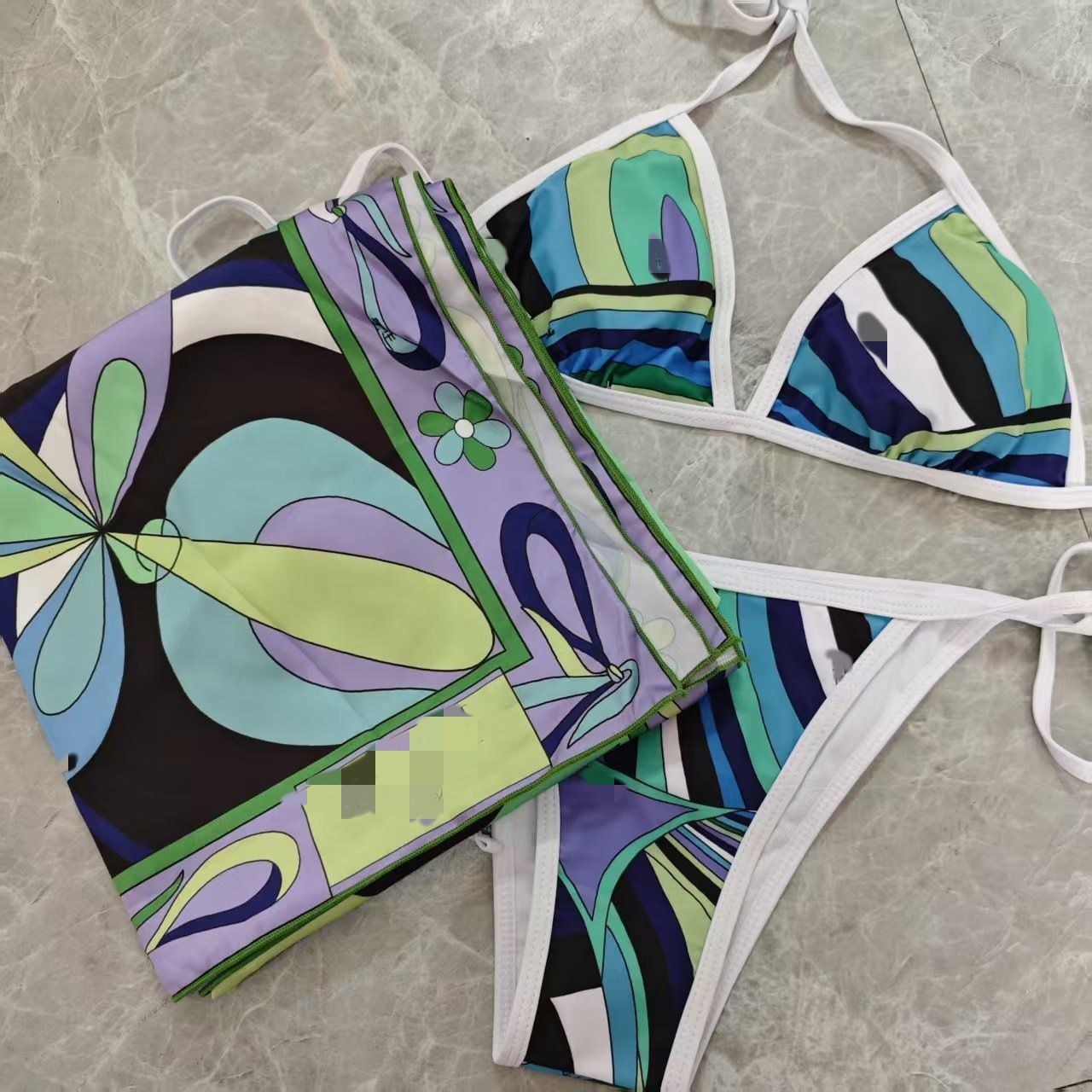 Women's Bikini Swimsuit Colorful Split V Neck 3 Piece Set With Scarf Skirt Sexy Designer Beachwear For Vacation Bathing Suits - 5 of 8