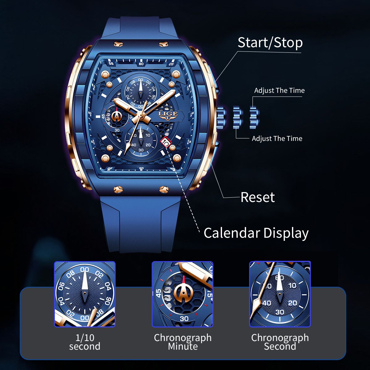 LIGE Top Brand Luxury Square Quartz Watches for Men Fashion Casual Sport 50M Waterproof Man Watch Auto Date Military Chronograph - 8 of 9
