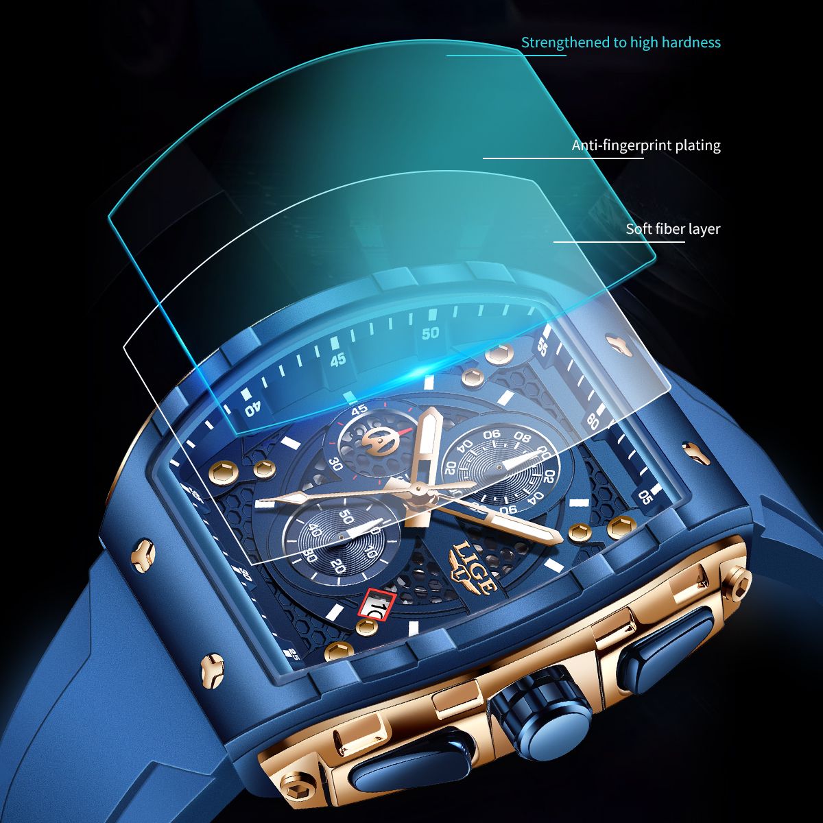 LIGE Top Brand Luxury Square Quartz Watches for Men Fashion Casual Sport 50M Waterproof Man Watch Auto Date Military Chronograph - 9 of 9