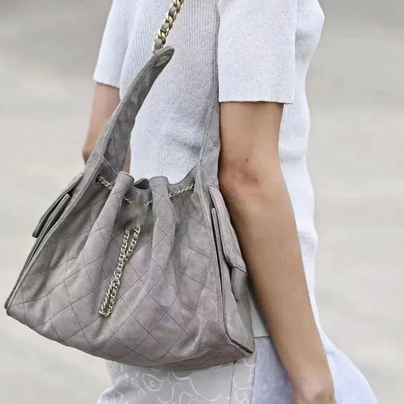 Designer Bag String Bucket Tote bag Large Suede Leather Gray Casual Long Chain Crossbody Fashion with box - 3 of 8