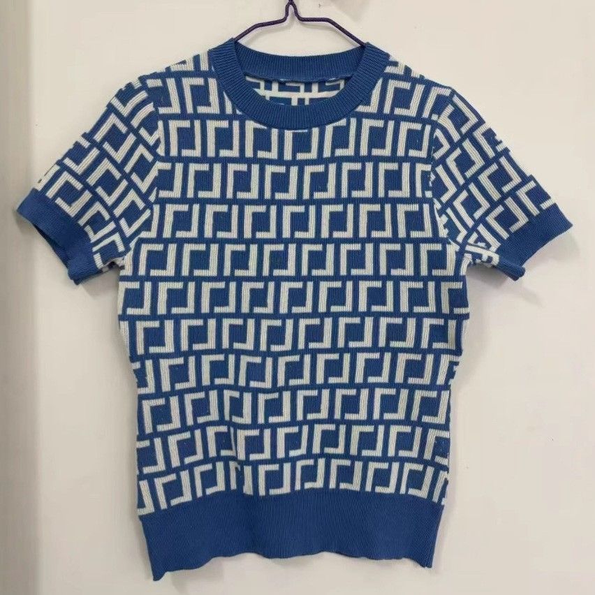 Womens Designer T Shirt Luxury Jacquard Knit Short Sleeve Textured Geometric Pattern Slim Fit Summer Tops - 2 of 7