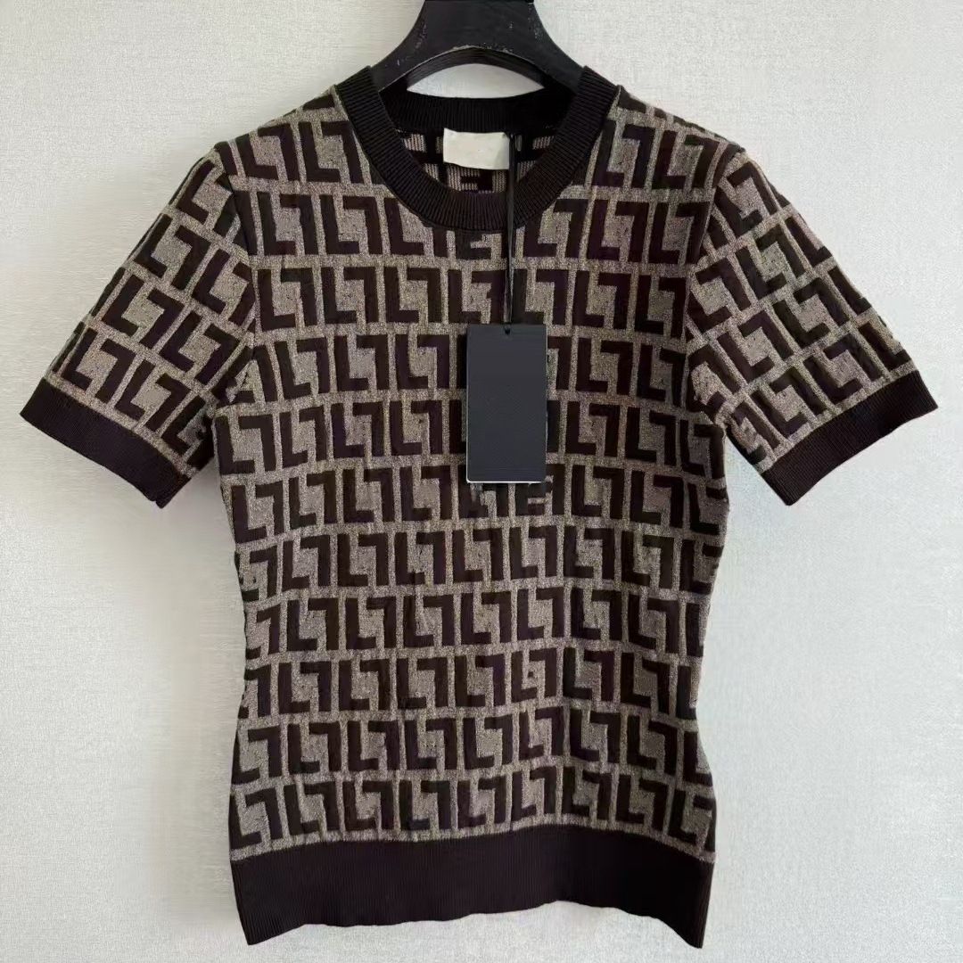 Womens Designer T Shirt Luxury Jacquard Knit Short Sleeve Textured Geometric Pattern Slim Fit Summer Tops - 3 of 7