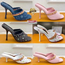 Women's Designer Cat-Heel Denim Mules, Pink Leather High Top, Summer and Autumn Lightweight Luxury Open-Toe Shoes, Elegant Women's Low Heel Shoes, Sizes 36-42 - denook