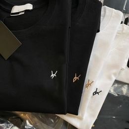 Embroidery Chest Logo Cotton T-shirt Unisex Crew Neck Loose Casual Basic Tee - denook