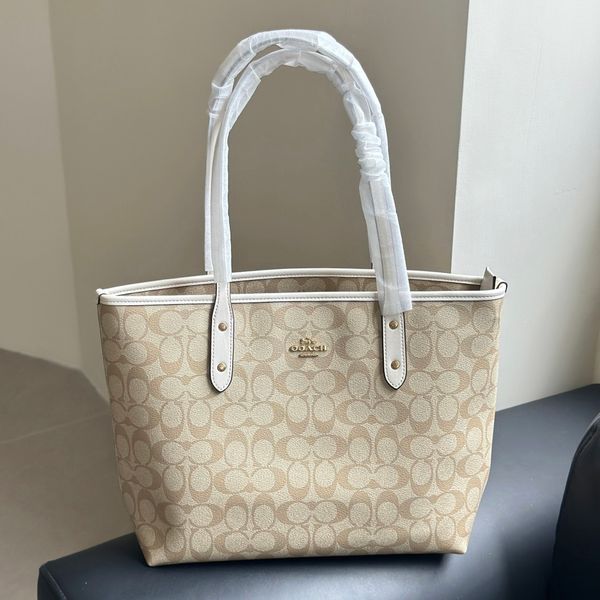 Women's Beige Classic Signature Tote Bag Top Handle Large Capacity White Trim Gold Hardware Zipper Closure Casual Handbag For Work Commute Shopping Travel - Bags, Luggage & Accessories - denook