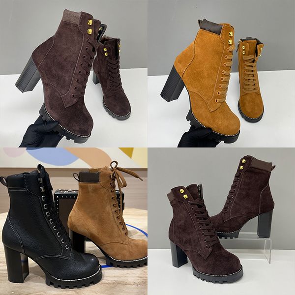 2026 Luxury Star Trail Ankle Boots Premium Women's Suede Calf Leather High-Heel Boot Camel Brown Chunky Block Heels Trendy Winter Footwear 1178 - Shoes & Accessories - denook