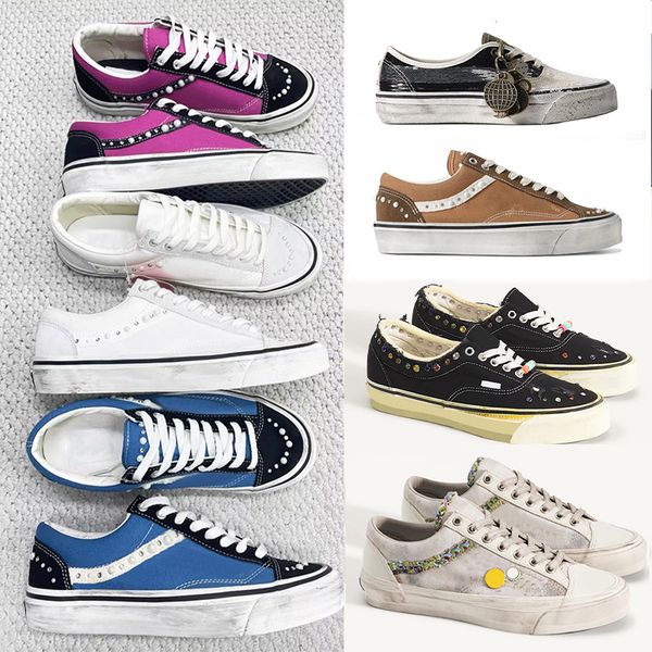 Designer Men Women Vintage Distressed Canvas Trainers Luxury Pearl Side Stripe Sneakers Multi Material Spliced Lace Up Walking Shoes 1083 - Shoes & Accessories - denook