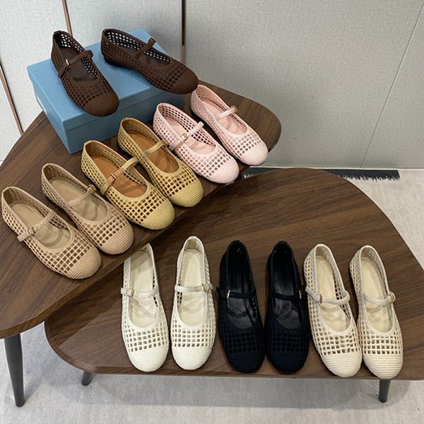 2026 Designer Crochet Knit Hollow Out Ballerina Flats Women Woven Mesh Mary Jane Shoes Triangle Breathable Adjustable Ankle Strap Casual Flat Pumps 1138 - Shoes & Accessories - denook