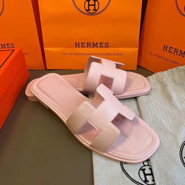 Hermes oran sandals free shipping with box claquette slippers for women designer white pink brown black red luxury flat sandals leather outdoor beach flip flops - Shoes & Accessories - denook