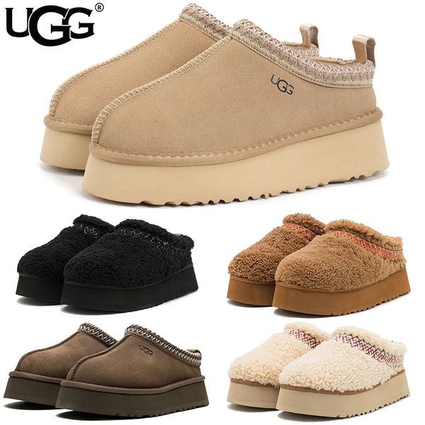 UGG Women's Tazz Platform Slippers Suede Curly Shearling Tribal Stitch Trim Slip On Warm Fur Lined Indoor Outdoor Winter Mule Slides Multiple colors - Shoes & Accessories - denook