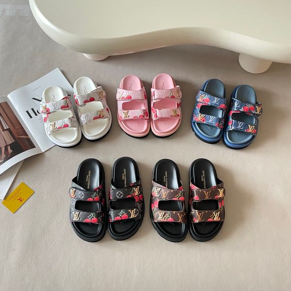 LV x TM Pool Pillow Flat Mule Cherry Print Platform Slide Sandals Women Adjustable Double Strap Metal Thick Sole Casual Outdoor Beach Couple Slippers Multiple colors - Shoes & Accessories - denook