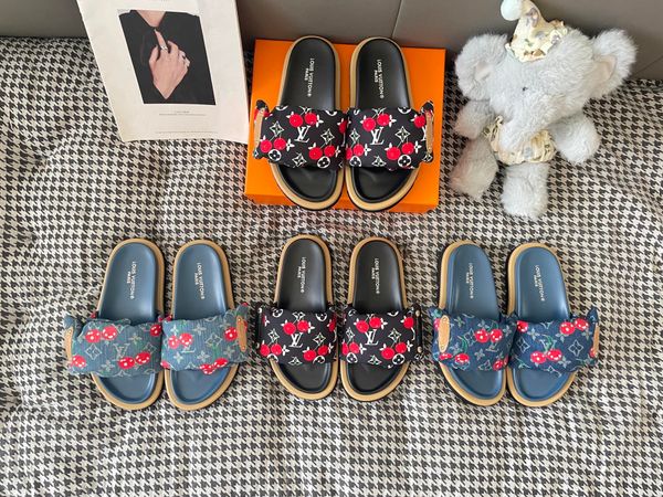 LV x TM Murakami Cherry Maya Sunset Flat Comfort Sandal Strap Platform Slide Sandals for Women Comfort Outdoor Beach Vacation Casual Slippers Multiple colors - Shoes & Accessories - denook