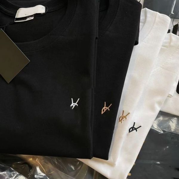 Embroidery Chest Logo Cotton T-shirt Unisex Crew Neck Loose Casual Basic Tee - Apparel - denook