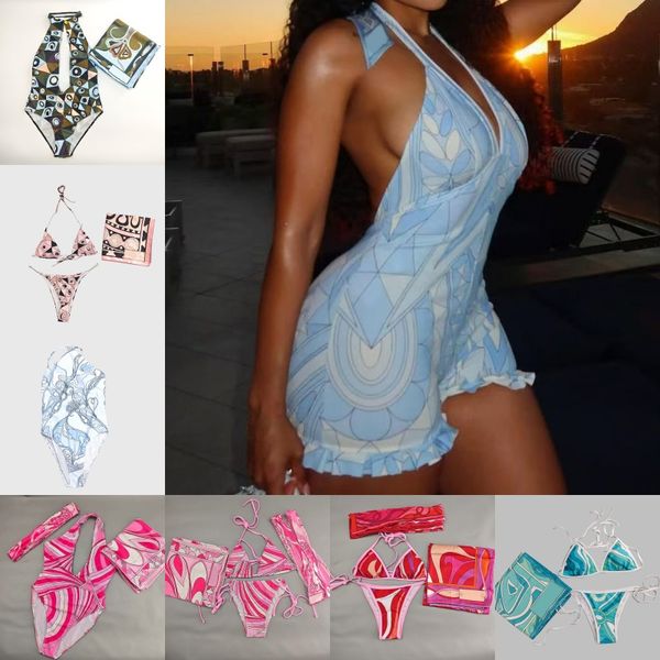 Mixed Prints Bikini Swimwear Headband Scarf Designer Women Sexy V Neck Swimsuits Sarong Skirt Halter Sleeveless Beachwear Beach Holiday Bathing Suits Swimsuit - Apparel - denook