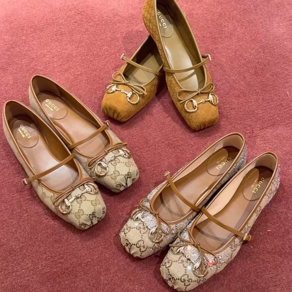 Horsebit Ballet Flat Shoes Designer Shoes Women Dress Fashion Luxury Suede Leather Stin Canvas Pig Nose Square Headbow Mary Jane Shoes - Shoes & Accessories - denook