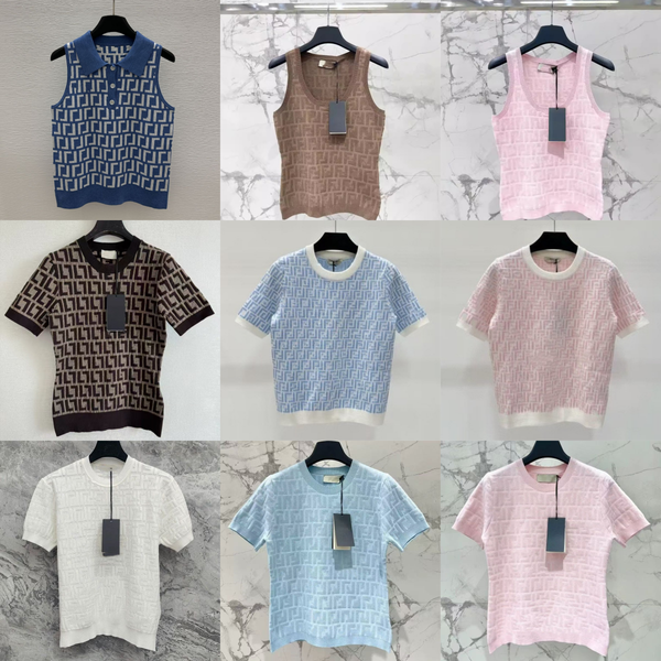 Womens Designer T Shirt Luxury Jacquard Knit Short Sleeve Textured Geometric Pattern Slim Fit Summer Tops - Apparel - denook