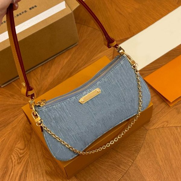 Denim Hobo Designer Shoulder Bags Women's Handbags Totes Leather Trim Casual Chain on The Wallets Fashion Light Blue Liv Tote New - Bags, Luggage & Accessories - denook