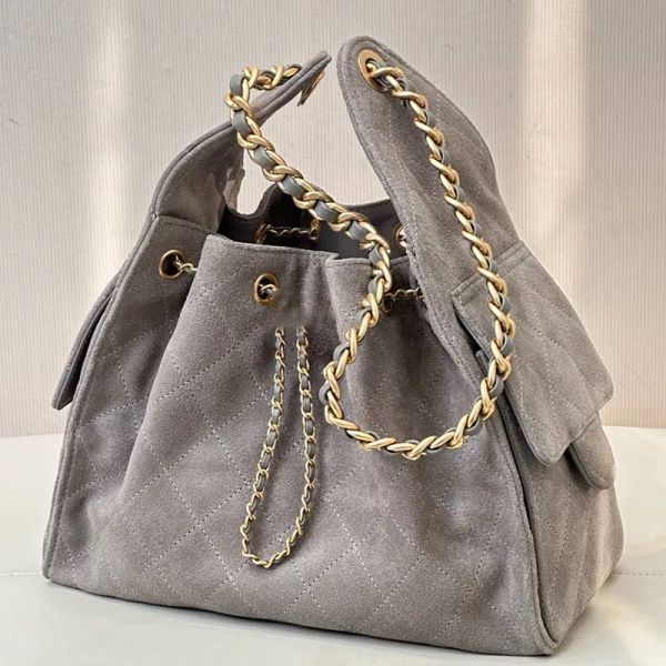 Designer Bag String Bucket Tote bag Large Suede Leather Gray Casual Long Chain Crossbody Fashion with box - Bags, Luggage & Accessories - denook